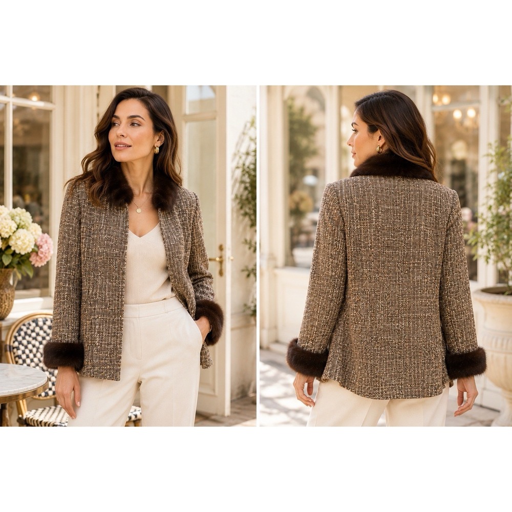 Vintage Dana Buchman Wool Alpaca Boucle Jacket Fur Trim Brown Open Front Size 4